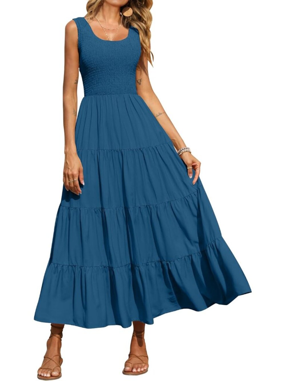 Women's Smocked Tank Casual Plain Maxi Sundress with Pockets